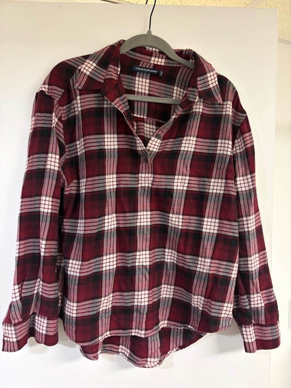 Calvin Klein Jeans Burgundy, Black and White Plaid Button-Down Shirt